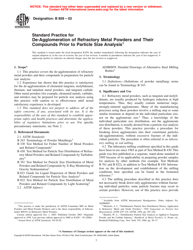 ASTM B859-03 - Standard Practice for De-Agglomeration of Refractory Metal Powders and Their Compounds Prior to Particle Size Analysis