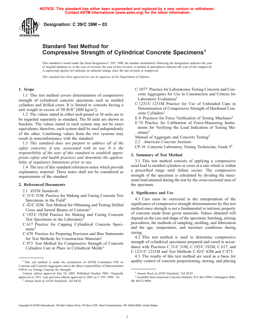 ASTM C39/C39M-03 - Standard Test Method for Compressive Strength of Cylindrical Concrete Specimens