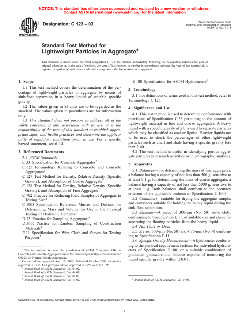 ASTM C123-03 - Standard Test Method for Lightweight Particles in Aggregate