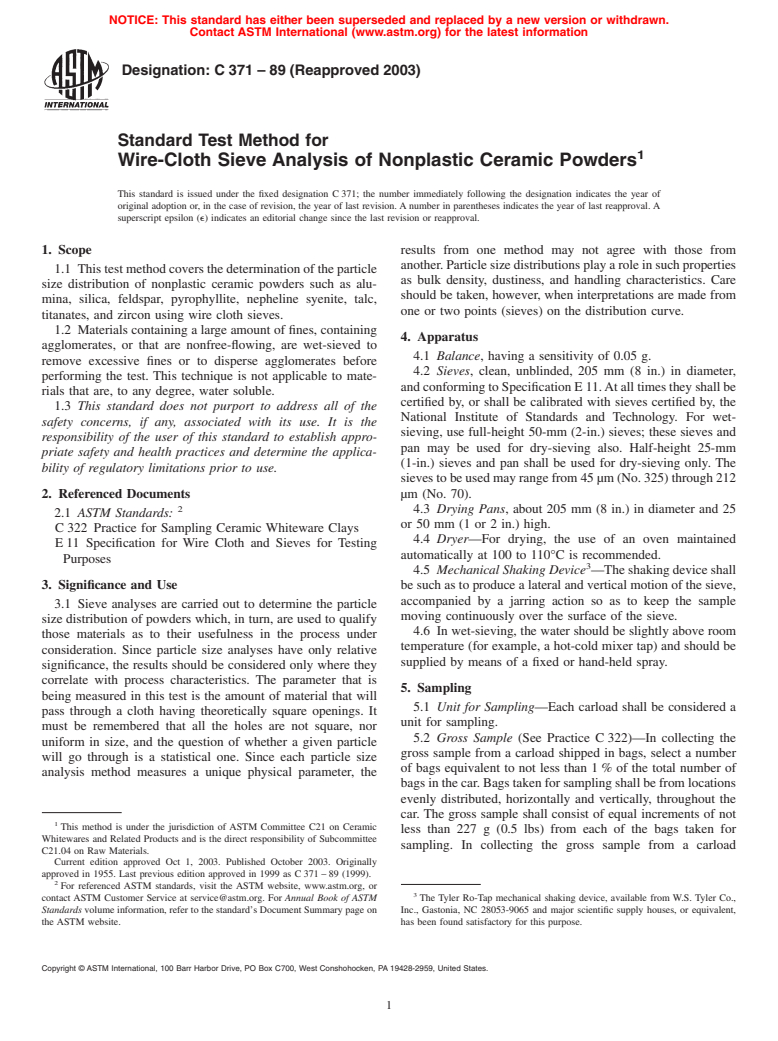 ASTM C371-89(2003) - Standard Test Method for Wire-Cloth Sieve Analysis of Nonplastic Ceramic Powders