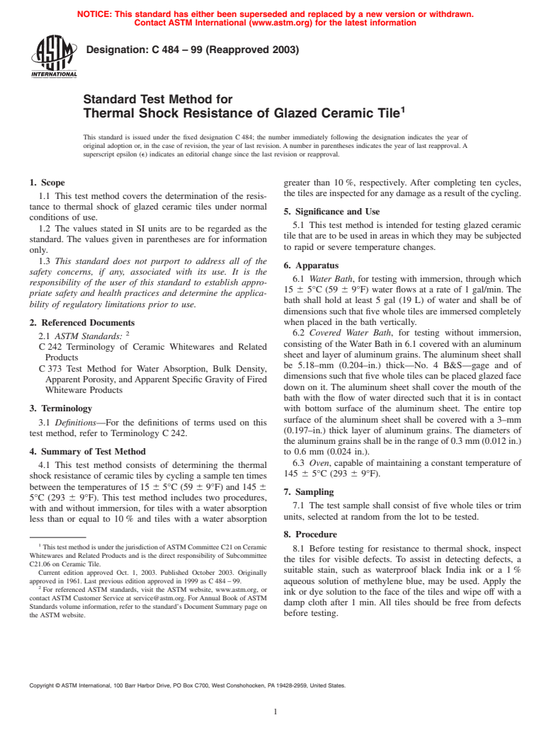 ASTM C484-99(2003) - Standard Test Method for Thermal Shock Resistance of Glazed Ceramic Tile