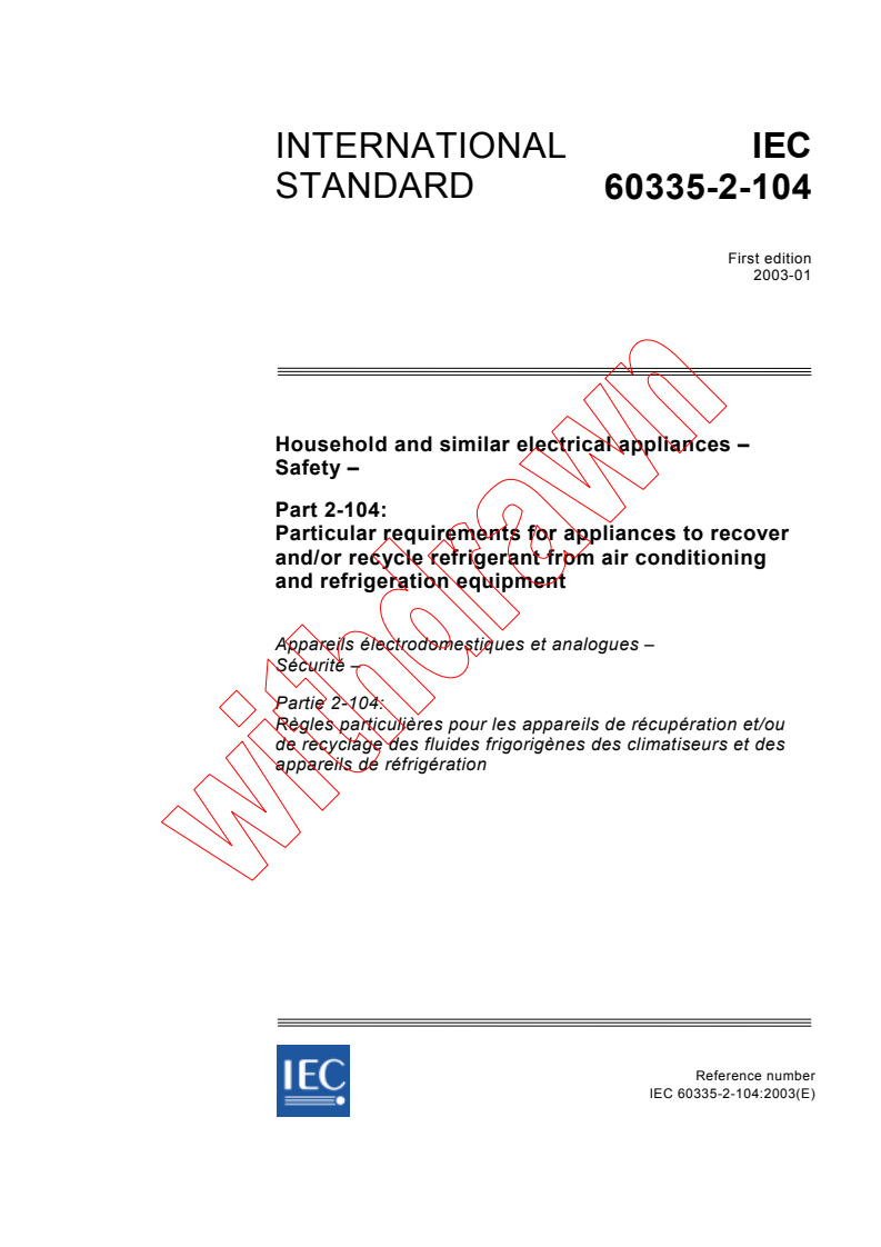 IEC 60335-2-104:2003 - Household and similar electrical appliances - Safety - Part 2-104: Particular requirements for appliances to recover and/or recycle refrigerant from air conditioning and refrigeration equipment
Released:1/15/2003
Isbn:2831866707