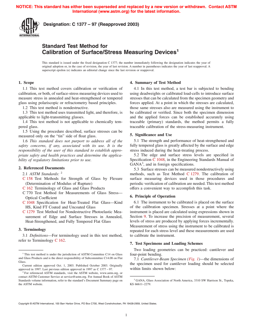 ASTM C1377-97(2003) - Standard Test Method for Calibration of Surface/Stress Measuring Devices