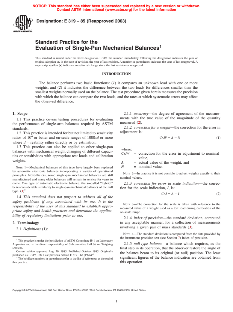 ASTM E319-85(2003) - Standard Practice for the Evaluation of Single-Pan Mechanical Balances