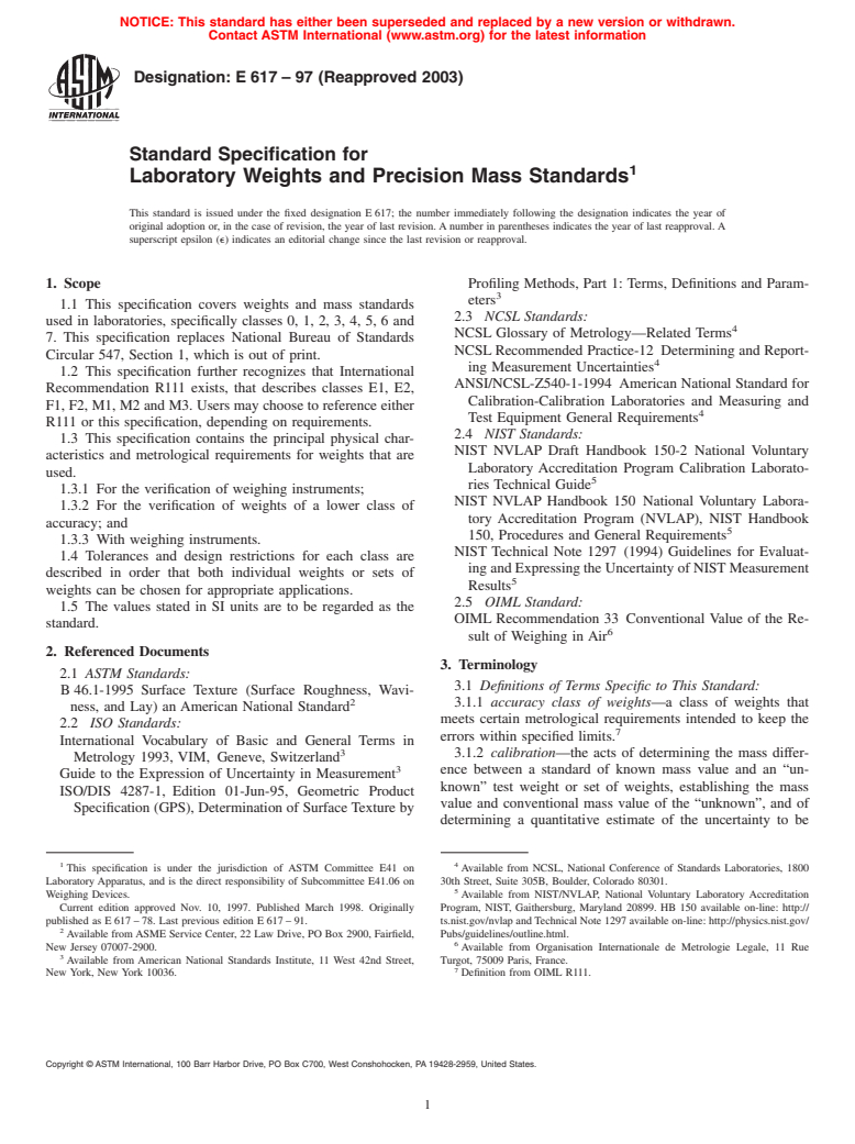 ASTM E617-97(2003) - Standard Specification for Laboratory Weights And Precision Mass Standards