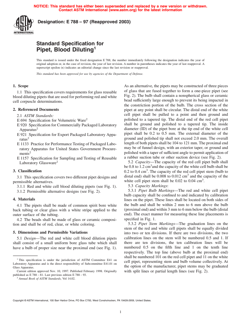 ASTM E788-97(2003) - Standard Specification for Pipet, Blood Diluting