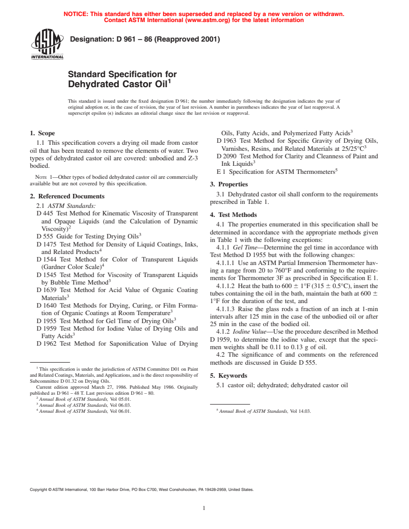 ASTM D961-86(2001) - Standard Specification for Dehydrated Castor Oil (Withdrawn 2007)