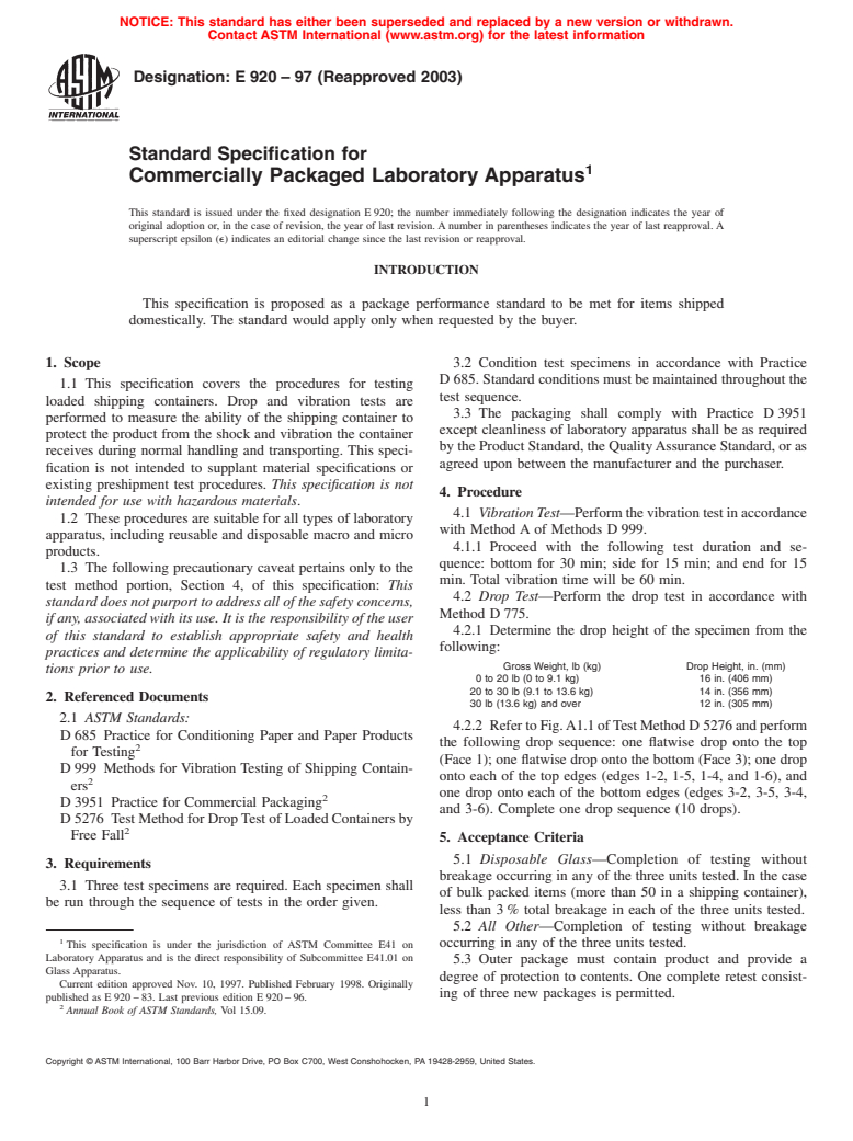 ASTM E920-97(2003) - Standard Specification for Commercially Packaged Laboratory Apparatus
