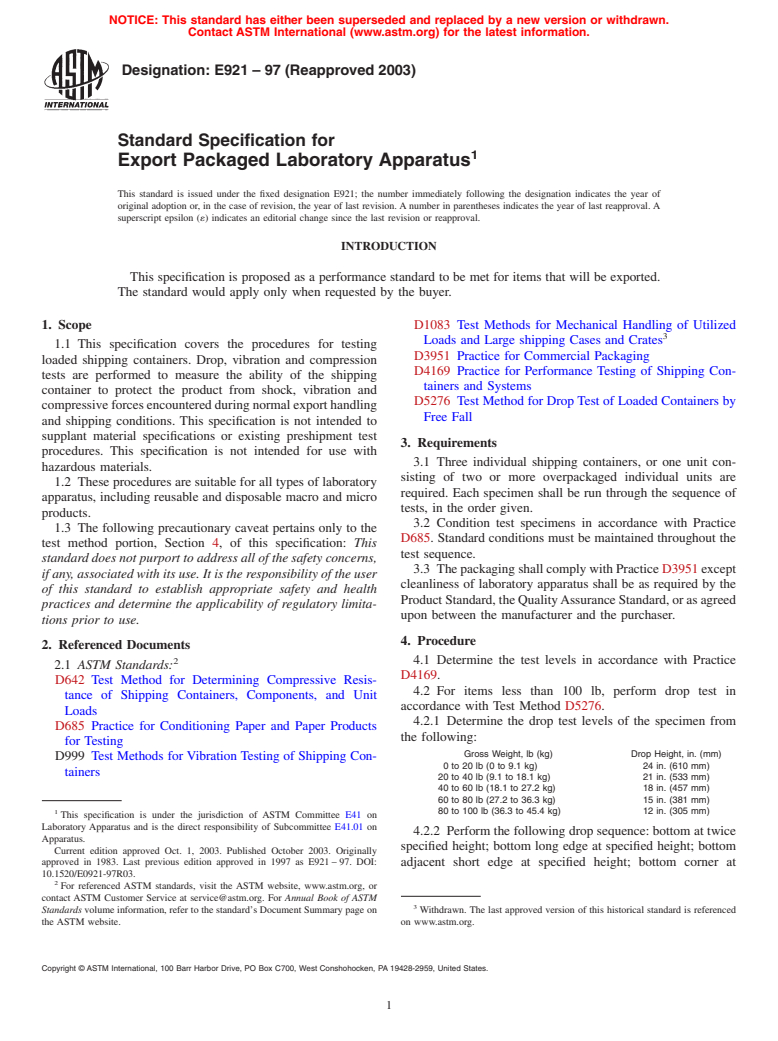 ASTM E921-97(2003) - Standard Specification for Export Packaged Laboratory Apparatus