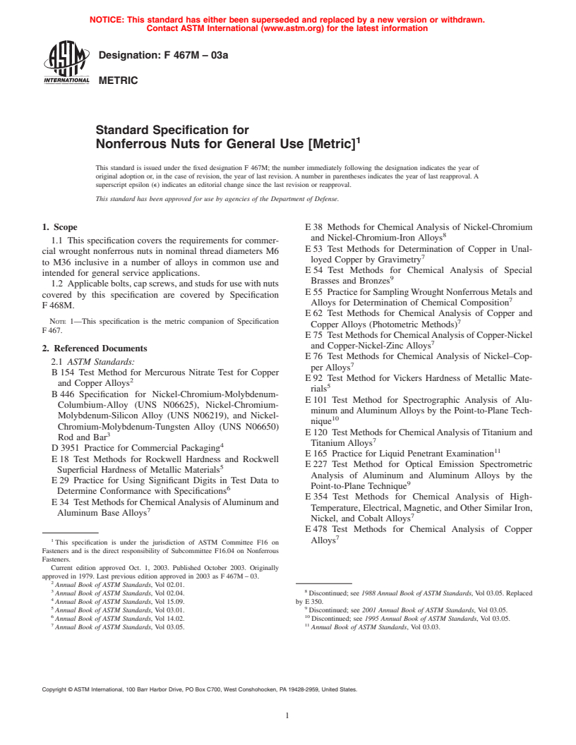 ASTM F467M-03a - Standard Specification for Nonferrous Nuts for General Use [Metric]