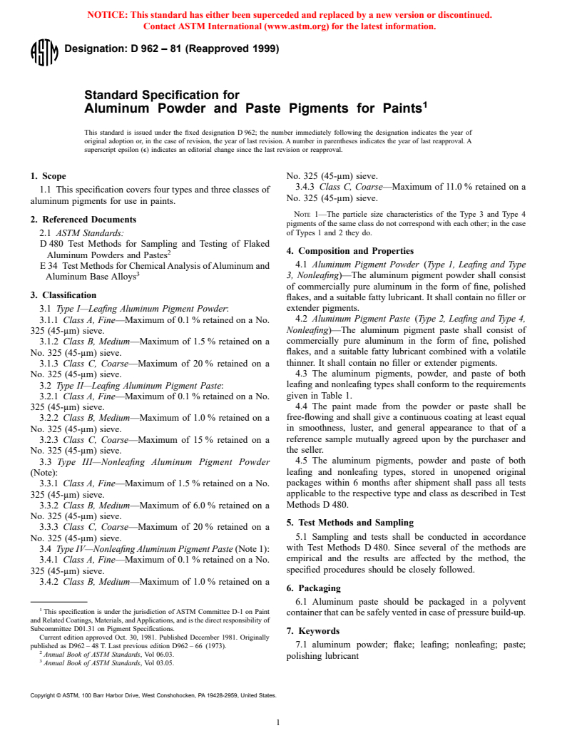 ASTM D962-81(1999) - Standard Specification for Aluminum Powder and Paste Pigments for Paints