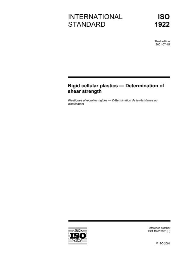 ISO 1922:2001 - Rigid cellular plastics -- Determination of shear strength