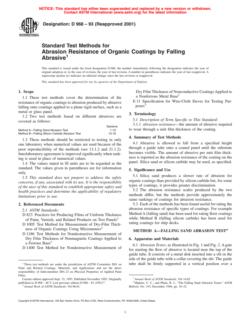 ASTM D968-93(2001) - Standard Test Methods for Abrasion Resistance of Organic Coatings by Falling Abrasive