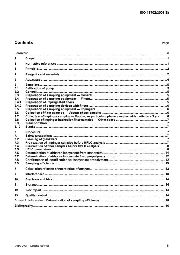 ISO 16702:2001 - Workplace air quality -- Determination of total isocyanate groups in air using 2-(1-methoxyphenyl)piperazine and liquid chromatography