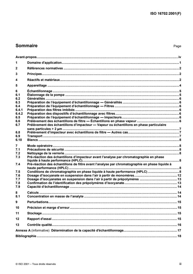 ISO 16702:2001 - Qualité de l'air des lieux de travail -- Détermination de la concentration totale des groupements isocyanates organiques totaux dans l'air par dérivatisation avec la 1-(2-méthoxyphényl)pipérazine et par chromatographie en phase liquide