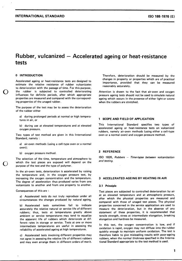 ISO 188:1976 - Rubber, vulcanized -- Accelerated ageing or heat-resistance tests