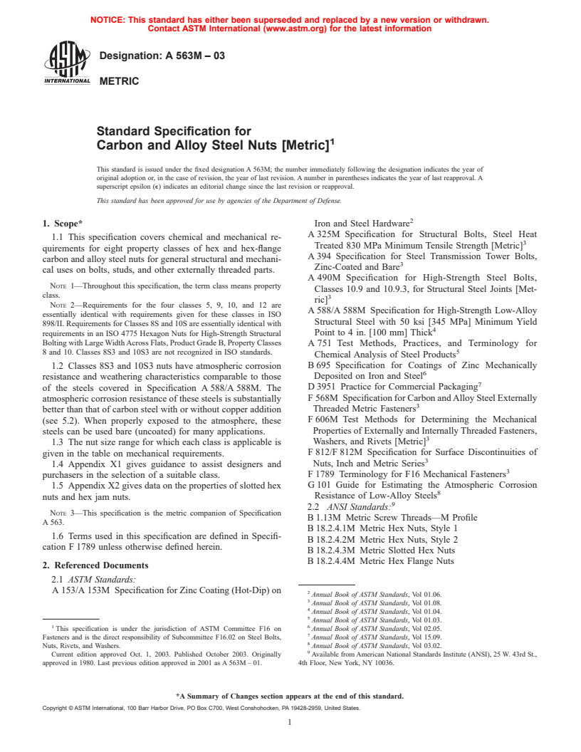 ASTM A563M-03 - Standard Specification for Carbon and Alloy Steel Nuts [Metric]