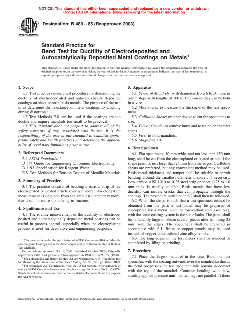 ASTM B489-85(2003) - Standard Practice for Bend Test for Ductility of Electrodeposited and Autocatalytically Deposited Metal Coatings on Metals