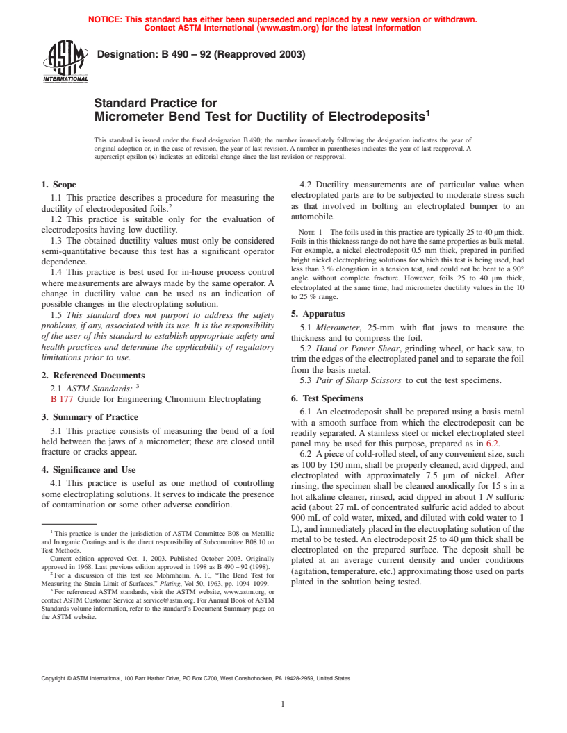 ASTM B490-92(2003) - Standard Practice for Micrometer Bend Test for Ductility of Electrodeposits