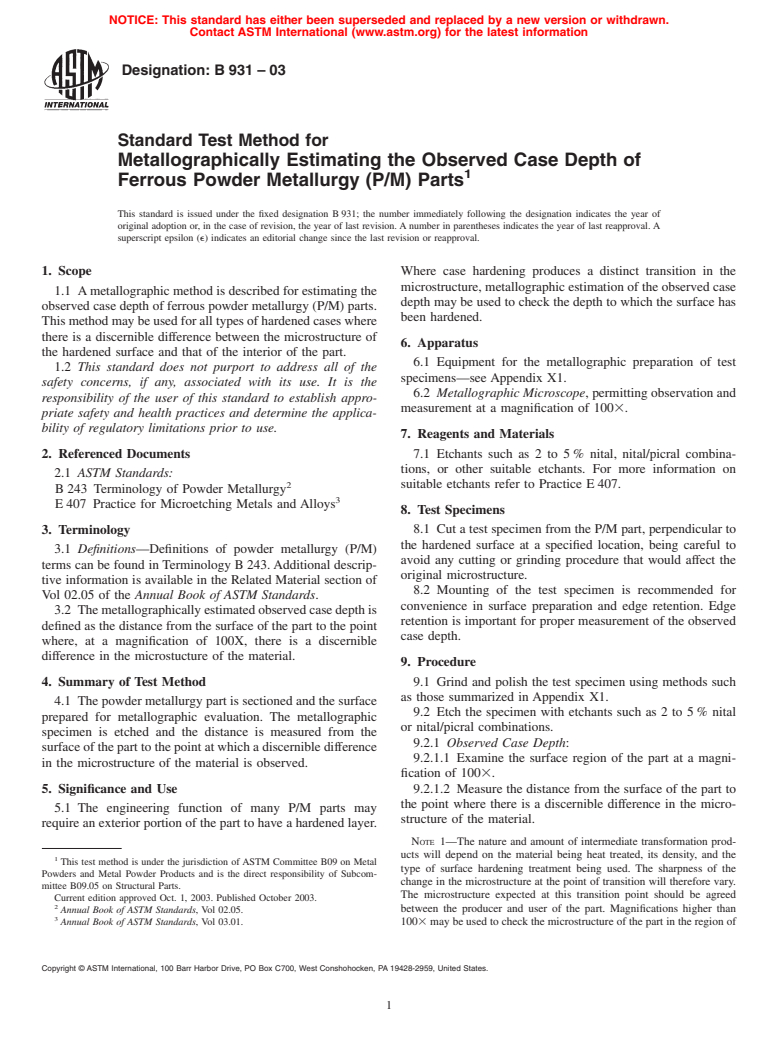 ASTM B931-03 - Standard Test Method for Metallographically Estimating the Observed Case Depth of Ferrous Powder Metallurgy (P/M) Parts