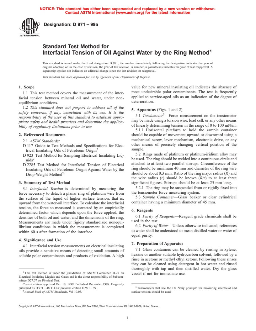 ASTM D971-99a - Standard Test Method for Interfacial Tension of Oil Against Water by the Ring Method