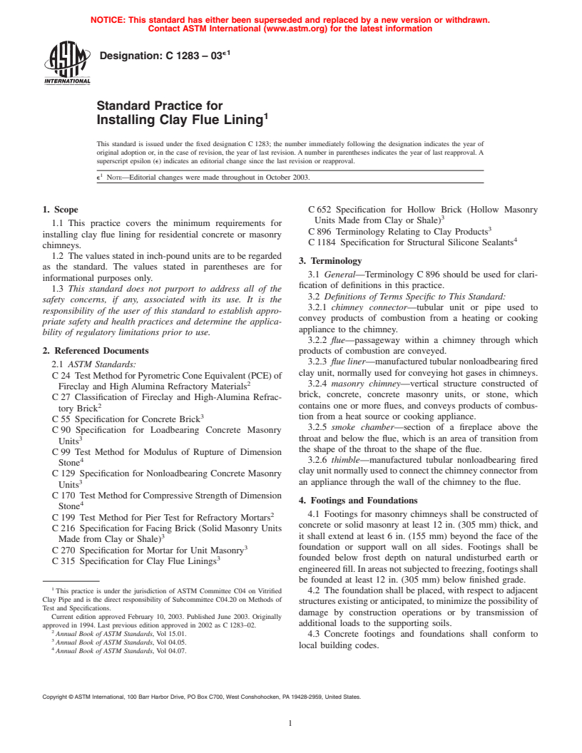 ASTM C1283-03e1 - Standard Practice for Installing Clay Flue Lining