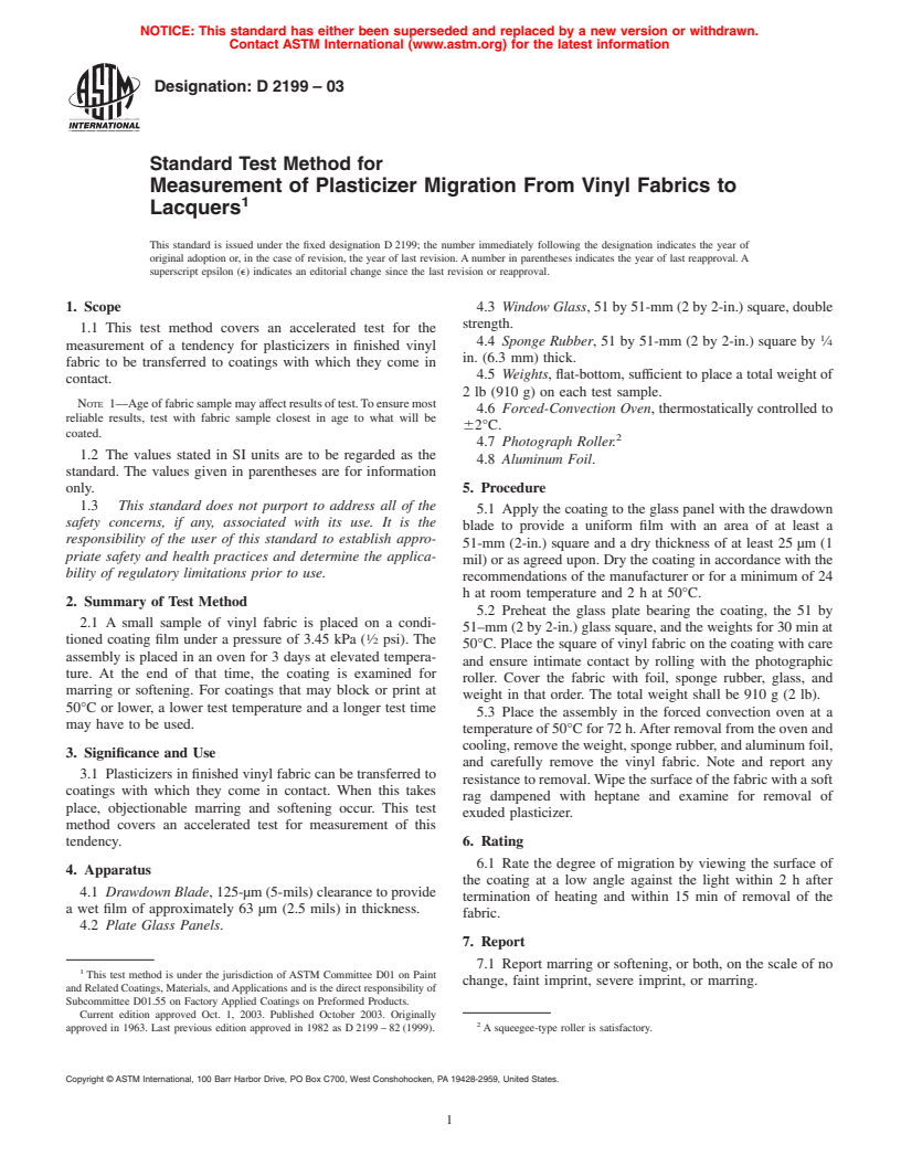 ASTM D2199-03 - Standard Test Method for Measurement of Plasticizer Migration From Vinyl Fabrics to Lacquers