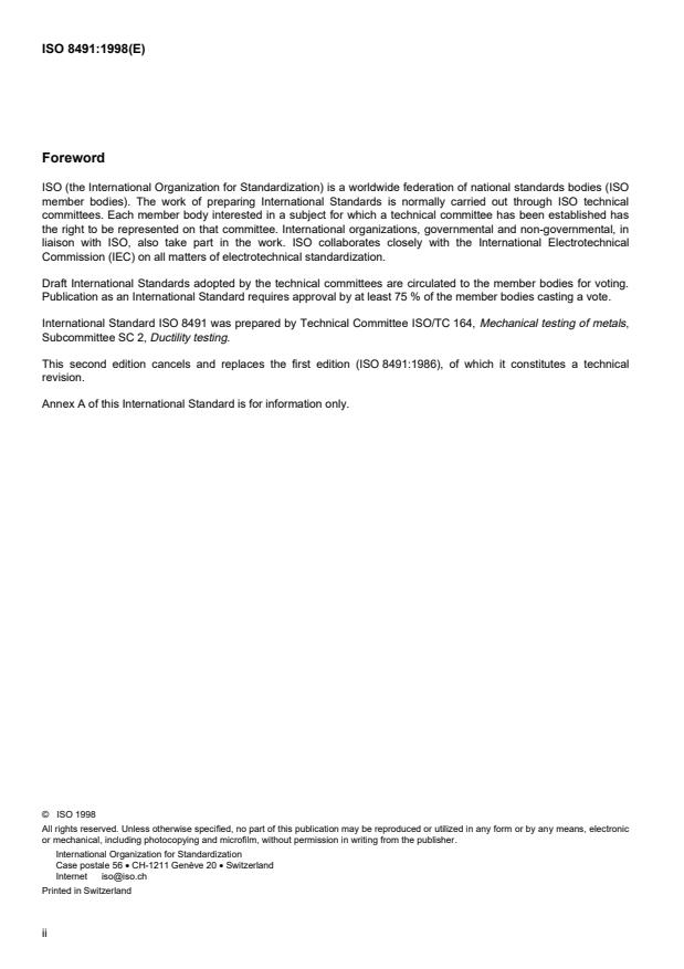 ISO 8491:1998 ISO 8491:1998 - Metallic materials -- Tube (in full section) -- Bend test - Page 2 preview
