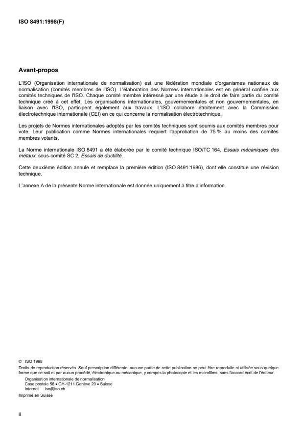 ISO 8491:1998 ISO 8491:1998 - Matériaux métalliques -- Tubes -- Essai de cintrage sur tronçon - Page 2 preview