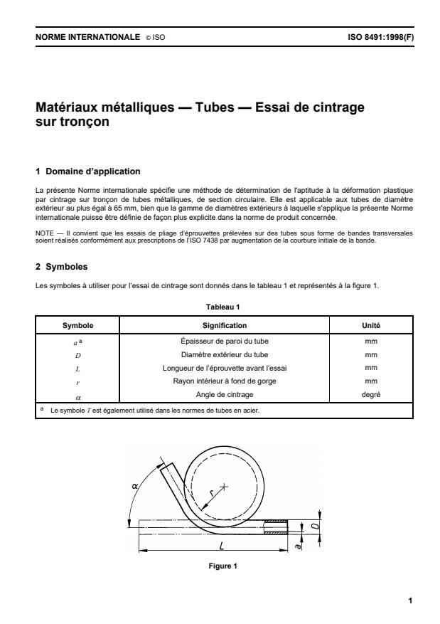 ISO 8491:1998 - Matériaux métalliques -- Tubes -- Essai de cintrage sur tronçon