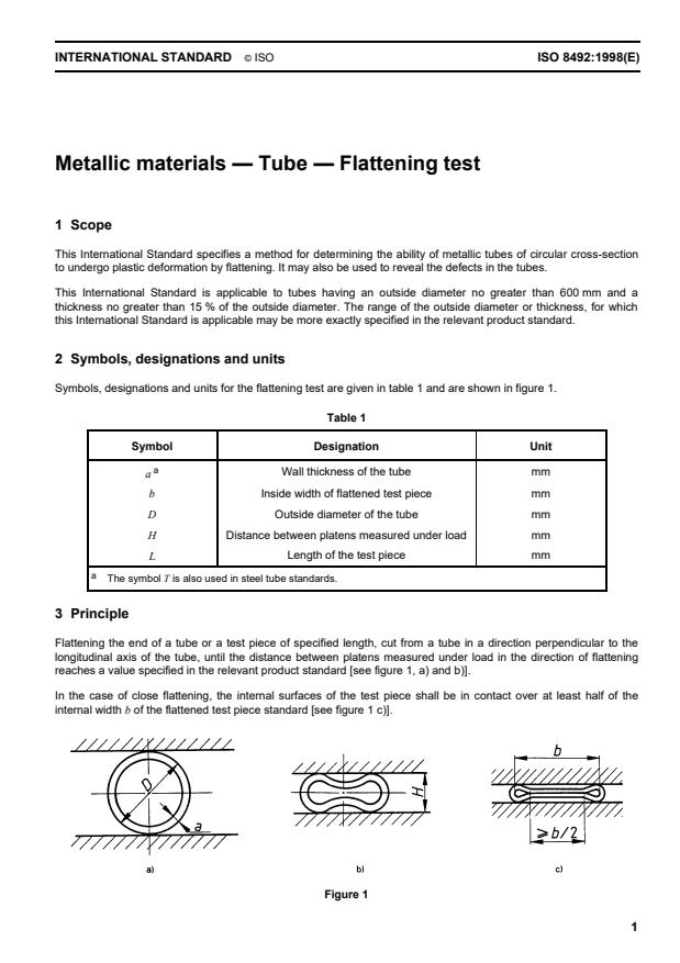ISO 8492:1998 - Metallic materials -- Tube -- Flattening test