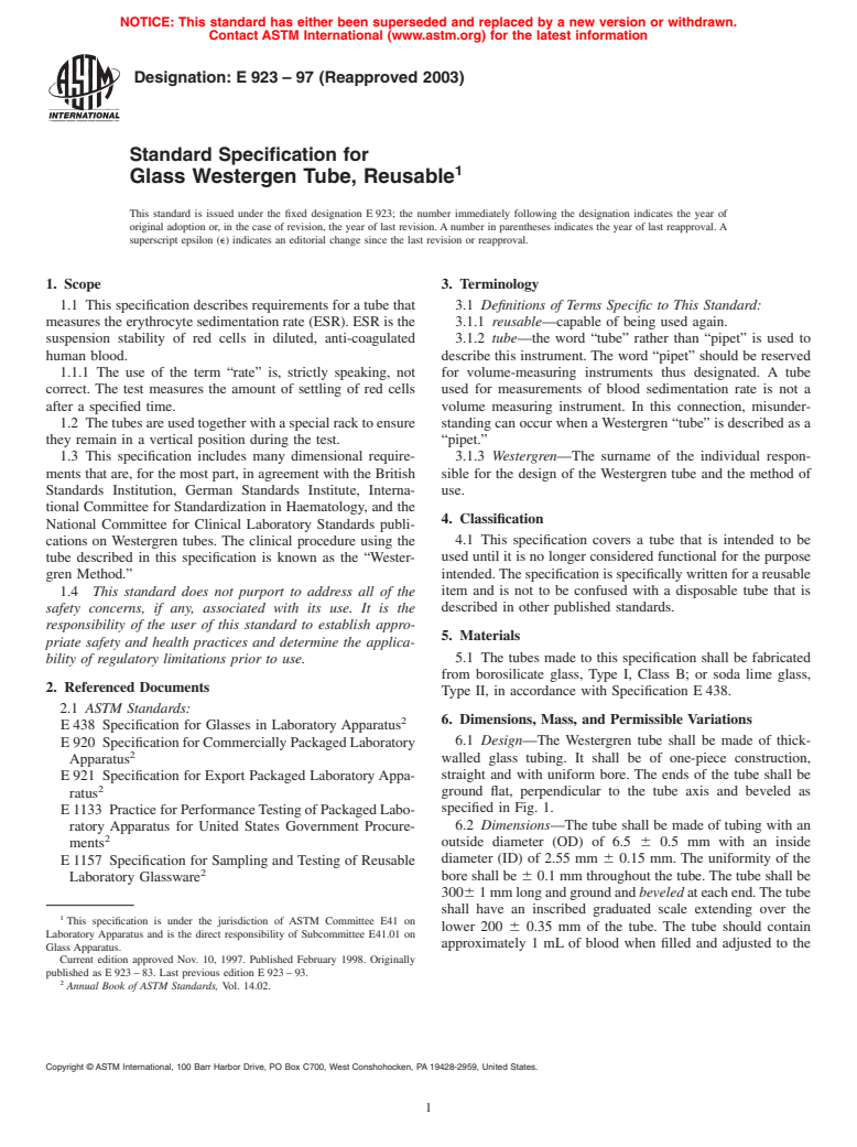 ASTM E923-97(2003) - Standard Specification for Glass Westergren Tube, Reusable