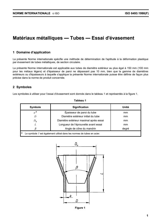 ISO 8493:1998 - Matériaux métalliques -- Tubes -- Essai d'évasement