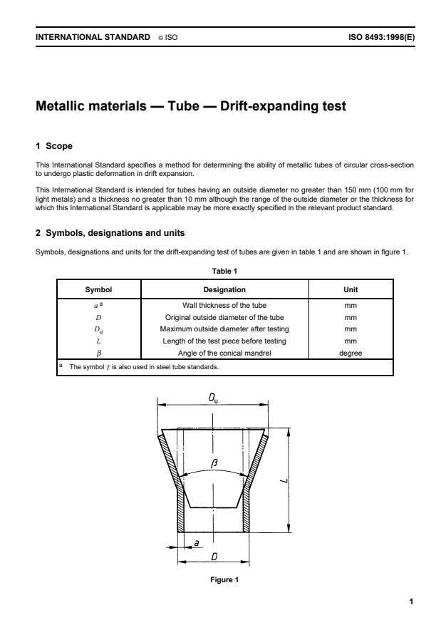 ISO 8493:1998 - Metallic materials -- Tube -- Drift-expanding test