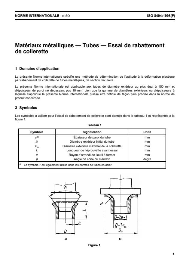 ISO 8494:1998 - Matériaux métalliques -- Tubes -- Essai de rabattement de collerette