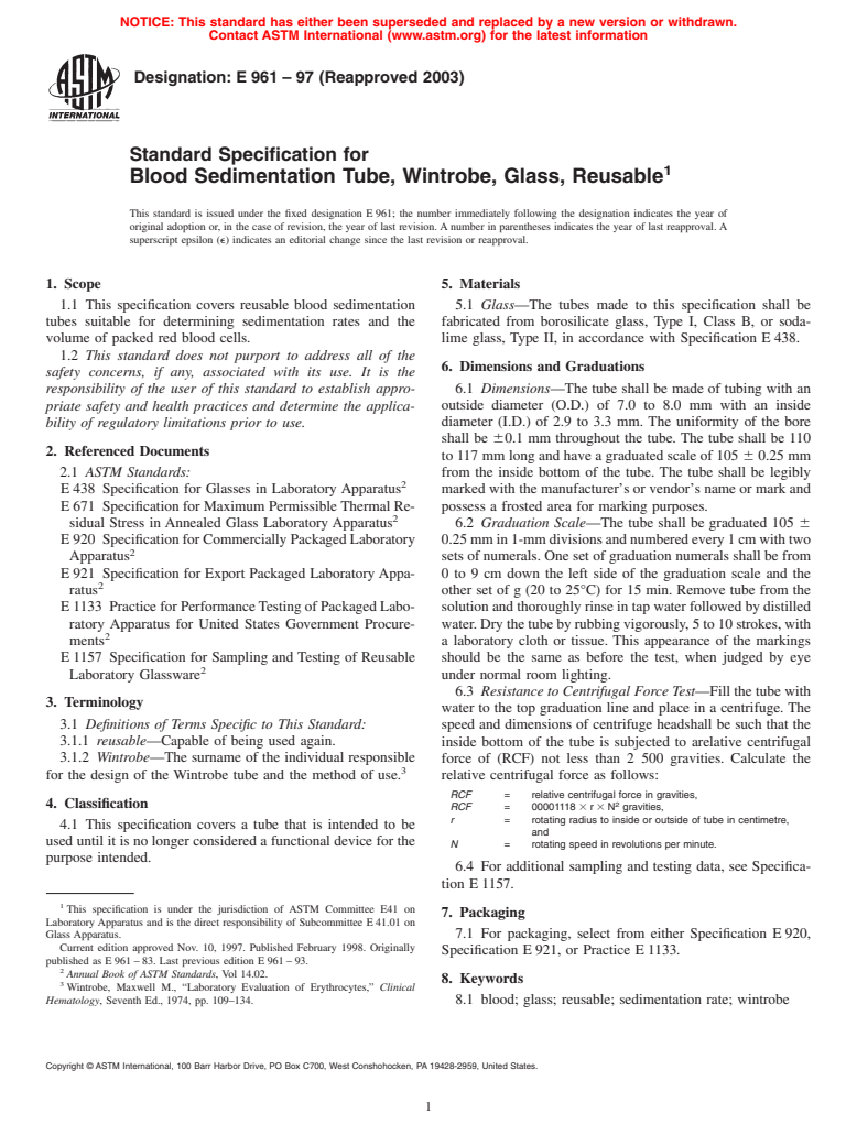 ASTM E961-97(2003) - Standard Specification for Blood Sedimentation Tube, Wintrobe, Glass, Reusable