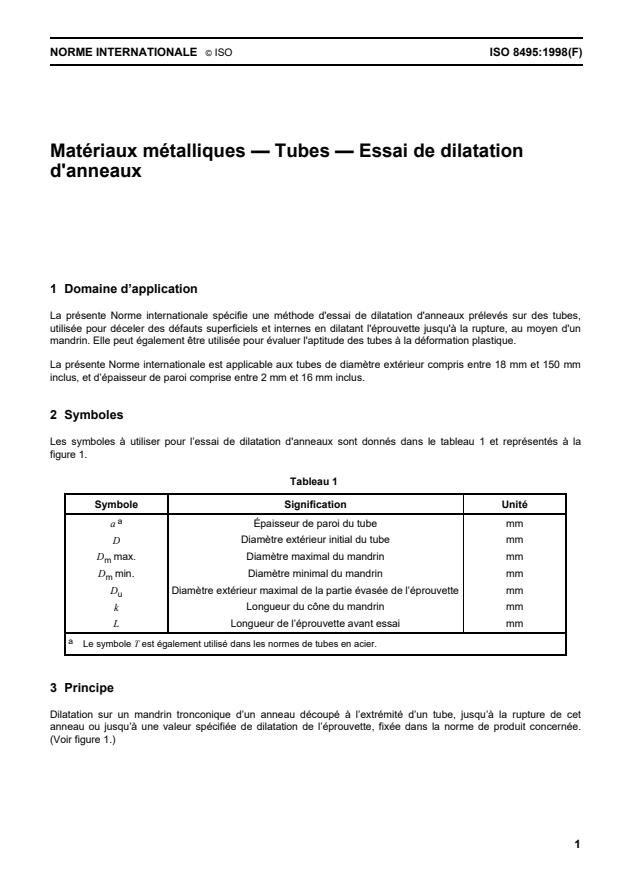 ISO 8495:1998 - Matériaux métalliques -- Tubes -- Essai de dilatation d'anneaux