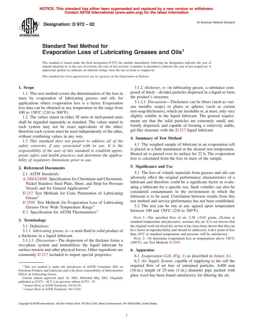 ASTM D972-02 - Standard Test Method for Evaporation Loss of Lubricating Greases and Oils