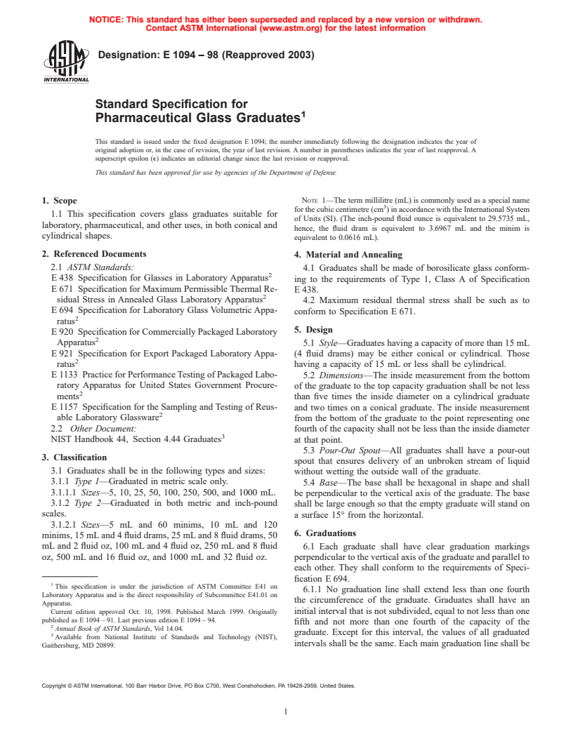 ASTM E1094-98(2003) - Standard Specification for Pharmaceutical Glass Graduates