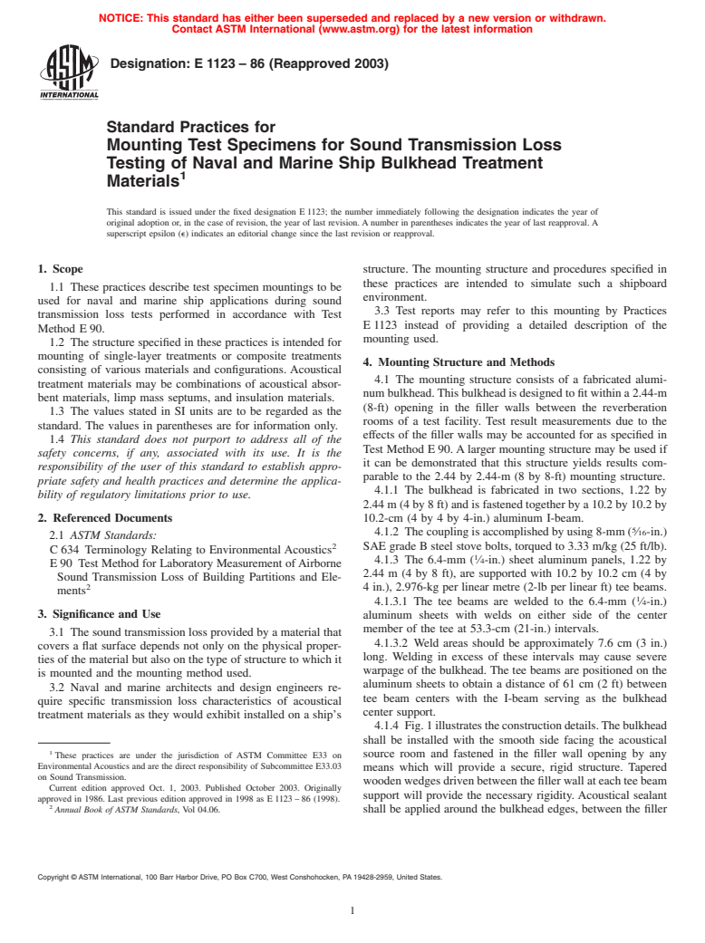 ASTM E1123-86(2003) - Standard Practices for Mounting Test Specimens for Sound Transmission Loss Testing of Naval and Marine Ship Bulkhead Treatment Materials