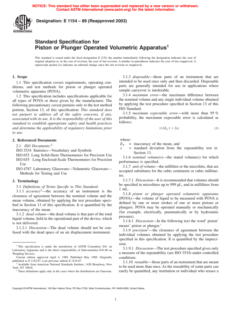 ASTM E1154-89(2003) - Standard Specification for Piston or Plunger Operated Volumetric Apparatus