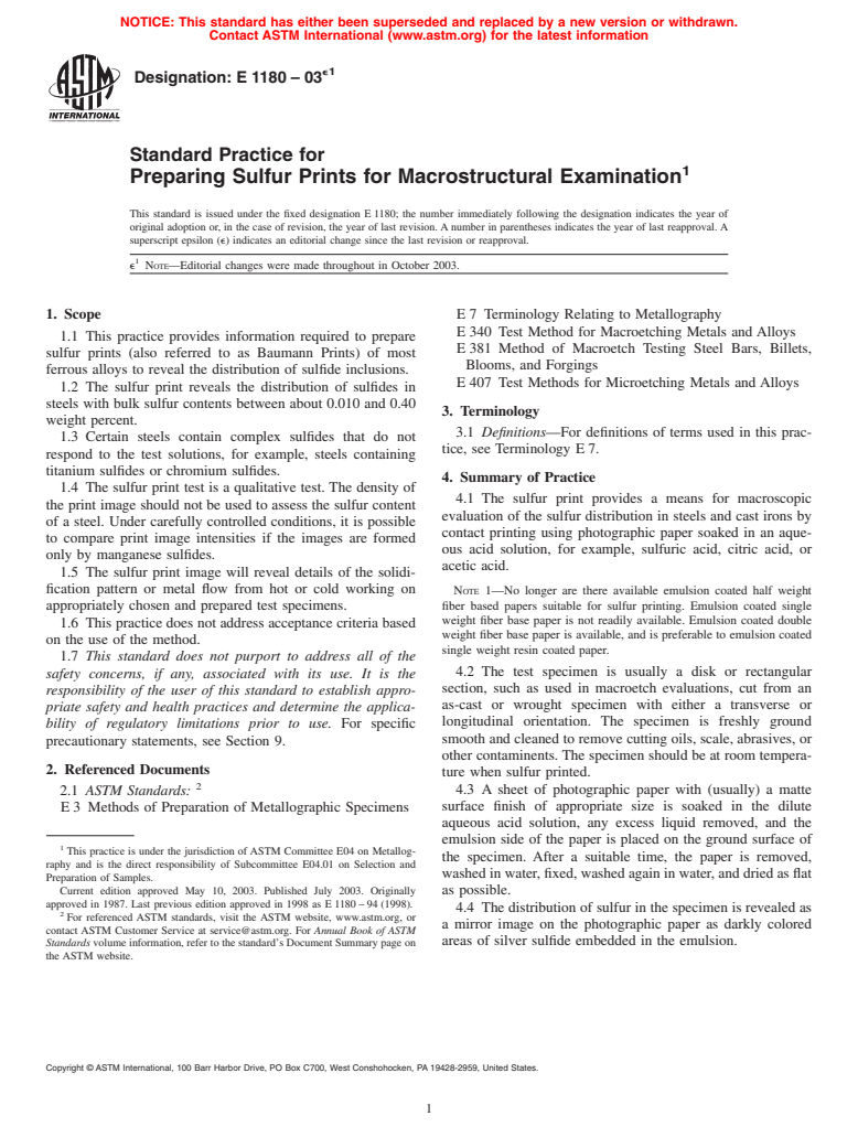 ASTM E1180-03e1 - Standard Practice for Preparing Sulfur Prints for Macrostructural Examination