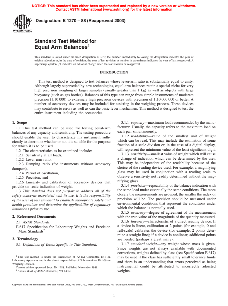 ASTM E1270-88(2003) - Standard Test Method for Equal Arm Balances