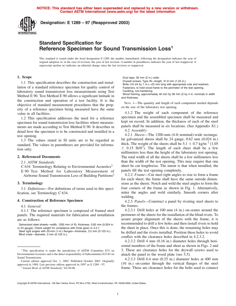 ASTM E1289-97(2003) - Standard Specification for Reference Specimen for Sound Transmission Loss