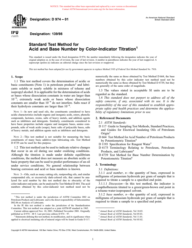 ASTM D974-01 - Standard Test Method for Acid and Base Number by Color-Indicator Titration