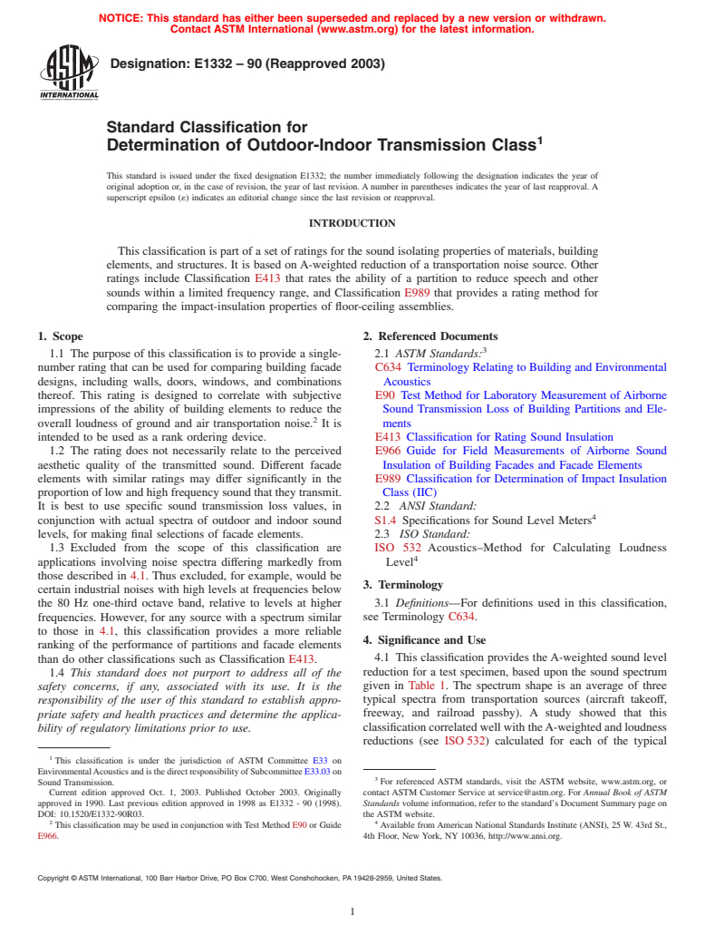 ASTM E1332-90(2003) - Standard Classification for Determination of Outdoor-Indoor Transmission Class