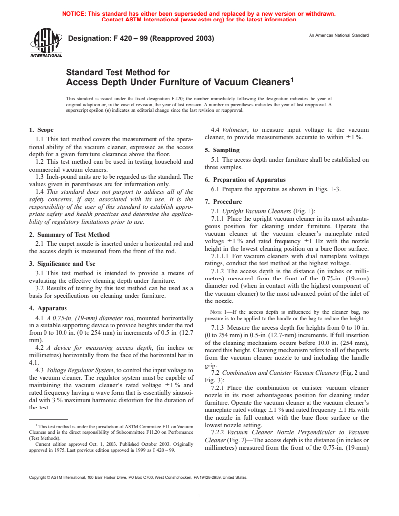 ASTM F420-99(2003) - Standard Test Method for Access Depth Under Furniture of Vacuum Cleaners