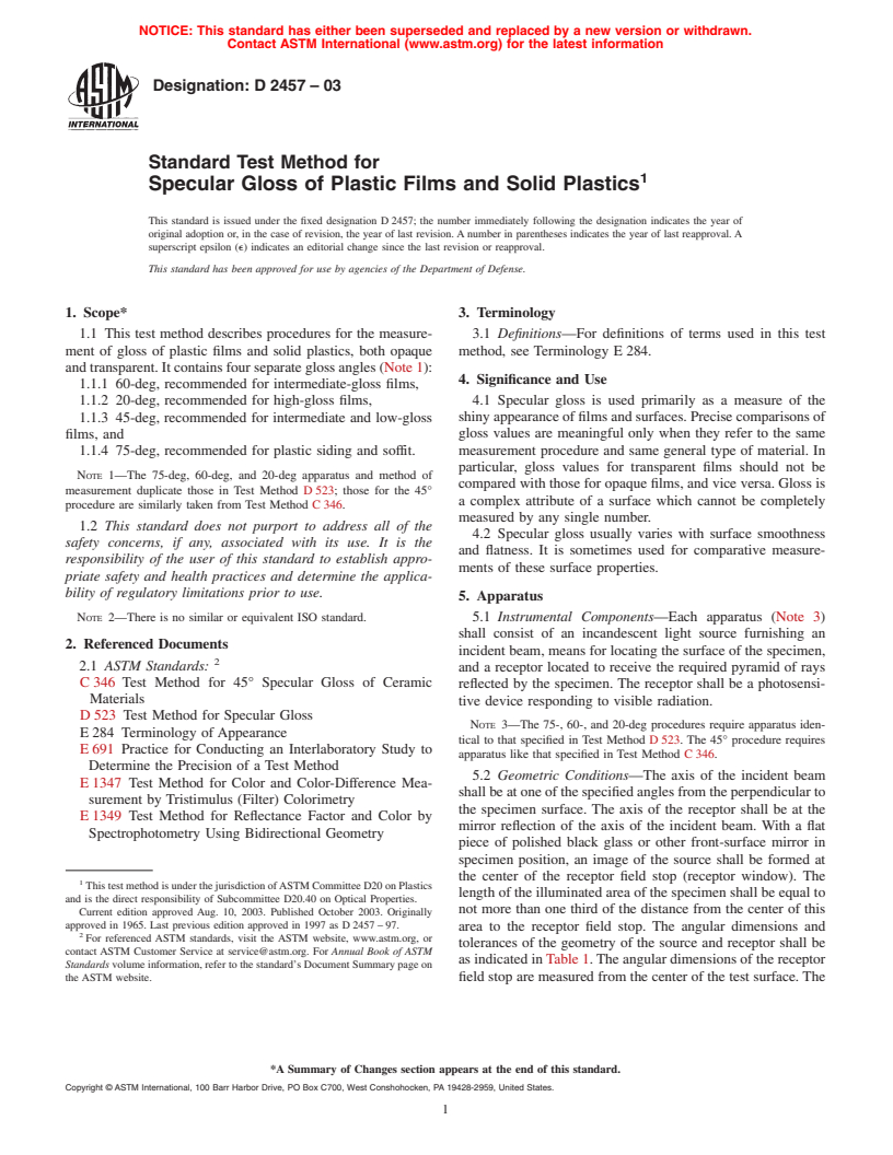 ASTM D2457-03 - Standard Test Method for Specular Gloss of Plastic Films and Solid Plastics