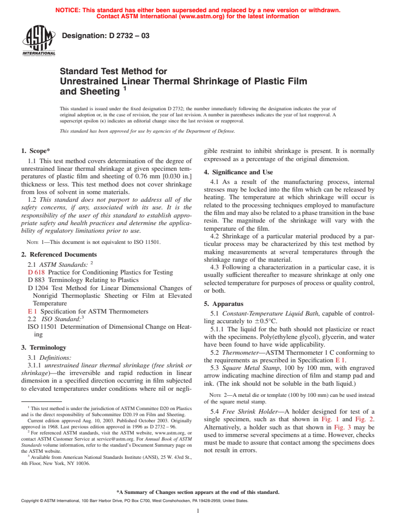 ASTM D2732-03 - Standard Test Method for Unrestrained Linear Thermal Shrinkage of Plastic Film and Sheeting