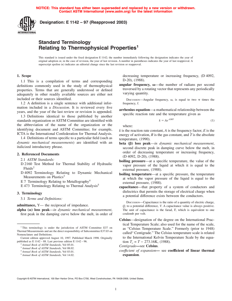 ASTM E1142-97(2003) - Standard Terminology Relating to Thermophysical Properties